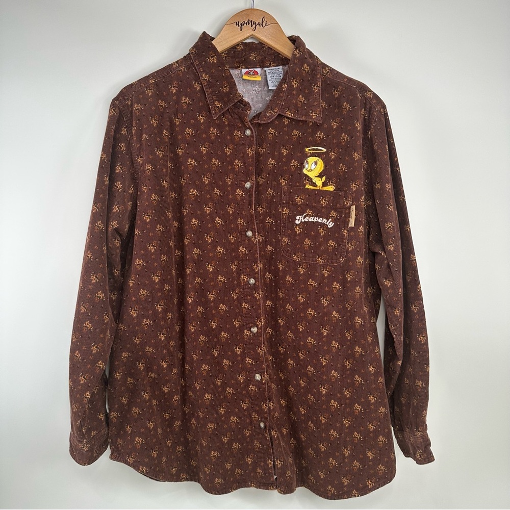 Looney Tunes Vintage Tweety Bird Corduroy Button Down Shirt Brown Size 18W/20W